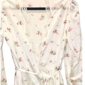 VTG MCM White Semi Sheer Long Robe Pink Flowers Satiny Robe S / M